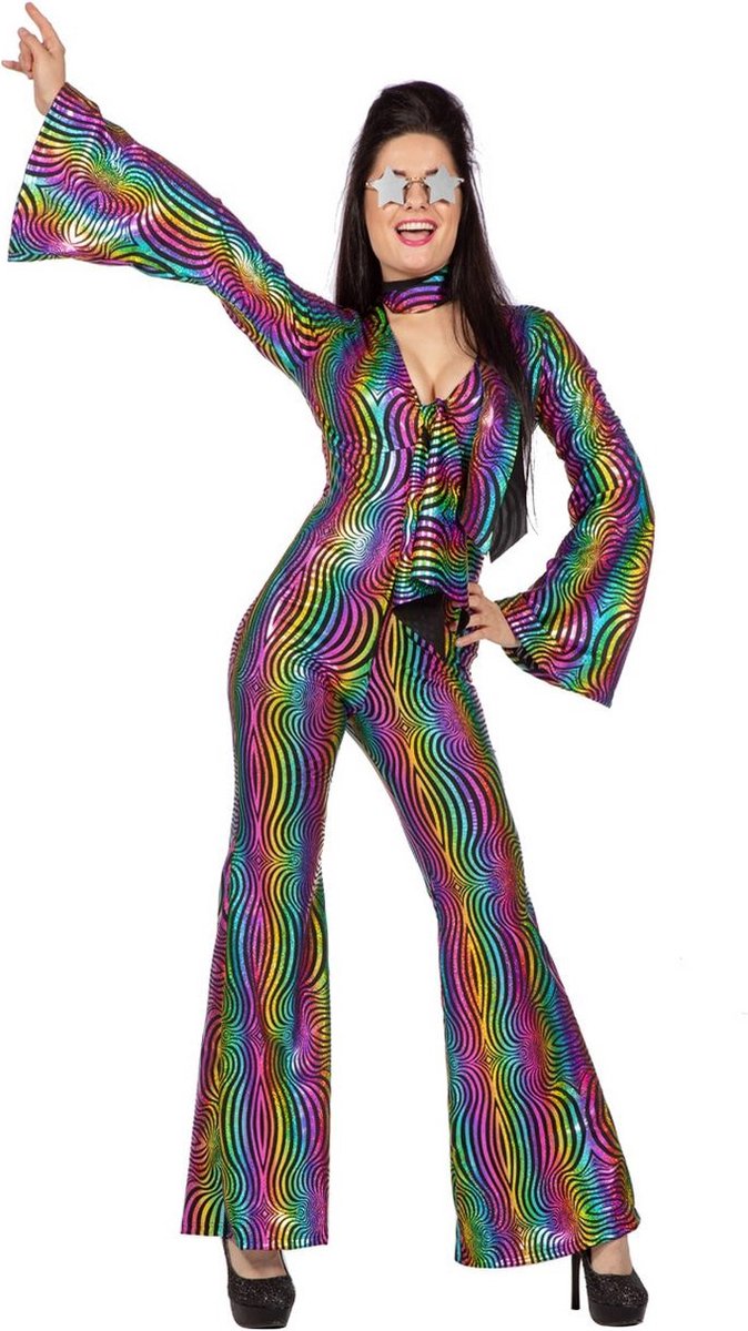 Jaren 80 & 90 Kostuum | Shiny Rainbow Jaren 80 Catsuit | Vrouw | Maat 36 | Carnavalskleding | Verkleedkleding